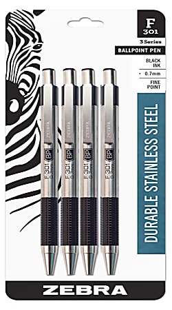 Zebra® Pen F-301 Stainless Steel Retractable Ballpoint Pens, Pack Of 4, Fine Point, 0.7 mm, Black Ink
