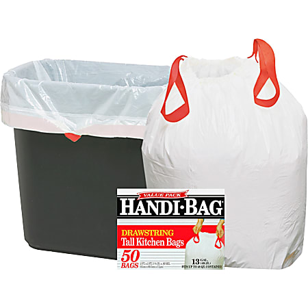 Webster 50% Recycled Drawstring Trash Bags, 13 Gallons, 24" x 27", White, Box Of 50