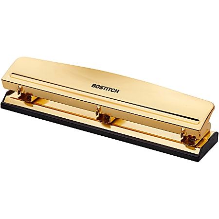 Bostitch 3-hole Punch - 3 Punch Head(s) - 12 Sheet - 9/32" Punch Size - Metal, Rubber - 2.5" x 10.6" - Yellow, Gold