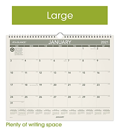 AT-A-GLANCE® Monthly Wall Calendar, 15" x 12", 100% Recycled, January to December 2021, PMG7728