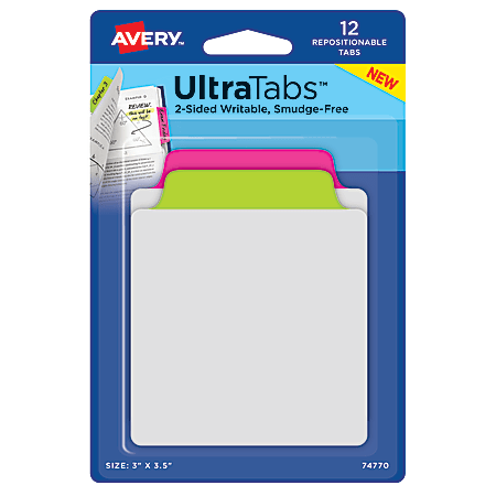 Avery® Ultra Tabs™ Repositionable Tabs & Notes, 3" x 3 1/2", Assorted Neon, Set of 12