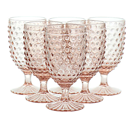 Martha Stewart 6-Piece Glass Hobnail Goblet Drinkware Set, 14.2 Oz, Clear Pink