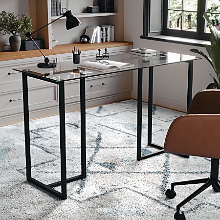 Martha Stewart Eli 47.25"W Home Office Glass Top Computer Desk With Metal Frame, Clear/Oil Rubbed Bronze