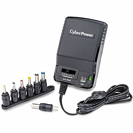 CyberPower CPUAC1U1300 Universal Power Adapter with multiple tips - 1300 mA, 3 VDC, 4.5 VDC, 5 VDC, 6 VDC, 7.5 VDC, 9 VDC, 12 VDC, 7 Adapter Tips, 1 USB Port(s) - 2.1 Amps , NEMA 1-15P, 100 VAC - 120 VAC, 5 ft, Black, 1YR Warranty