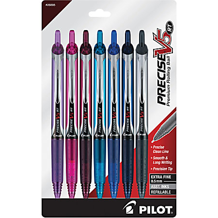 Pilot® PRECISE® V5 RT Premium Rolling Ball Pens, Pack Of 7, Extra Fine Point, 0.5 mm, Assorted Colors