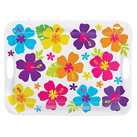 Amscan Summer White Hibiscus Melamine Trays With Handles, 14-3/4" x 19-13/16", Pack Of 2 Trays