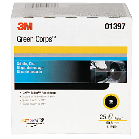 3M™ Green Corps™ Roloc™ Discs, 2" Diameter, 36 Grit, Pack Of 25