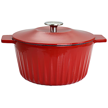 Martha Stewart Enameled Cast Iron 3-Quart Nonstick Embossed Stripe Dutch Oven With Lid, Red