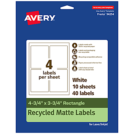 Avery® Recycled Paper Labels, 94254-EWMP10, Rectangle, 4-3/4" x 3-3/4", White, Pack Of 40
