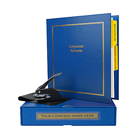 Custom Not For Profit Corporate Kit, 1-1/2" Blue Binder, 20 Blue Stock Certificates, 1-5/8" Corporate Seal Embosser