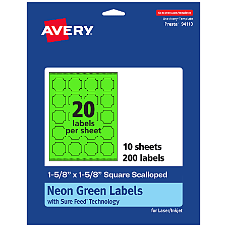 Avery® Print-To-The-Edge Labels With Sure Feed® Technology, 94110-NGP10, Square Scalloped, 1-5/8" x 1-5/8", Matte Neon Green, Pack of 200