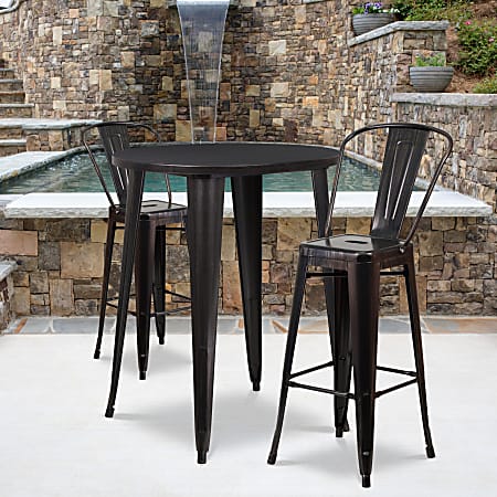 Flash Furniture Commercial-Grade Round Metal Indoor/Outdoor Bar Table Set With 2 Café Stools, 41"H x 30"W x 30"D, Black/Antique Gold
