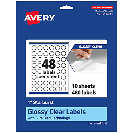Avery® Glossy Permanent Labels With Sure Feed®, 94606-CGF10, Starburst, 1", Clear, Pack Of 480