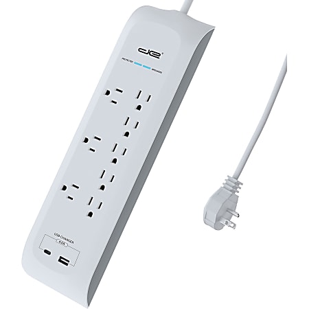 Digital Energy World 8-Outlet USB-A and USB-C Surge Protector Power Strip (White, 6-Foot Cord) - 8x AC Power, 2x USB - DEE11116