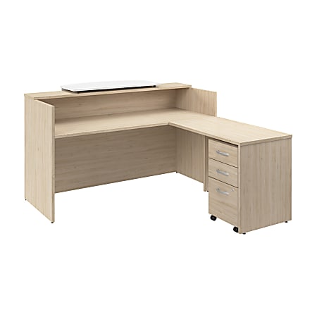 Bush Business Furniture Arrive 72"W L Shaped Reception Desk with Counter and Mobile File Cabinet, Natural Elm, Standard Delivery