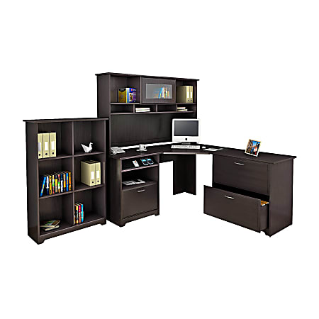 Bush Furniture Cabot Corner Desk And Hutch With Lateral File Cabinet And 6 Cube Bookcase, Espresso Oak, Standard Delivery