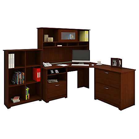 Bush Furniture Cabot Corner Desk And Hutch With Lateral File Cabinet And 6 Cube Bookcase, Harvest Cherry, Standard Delivery