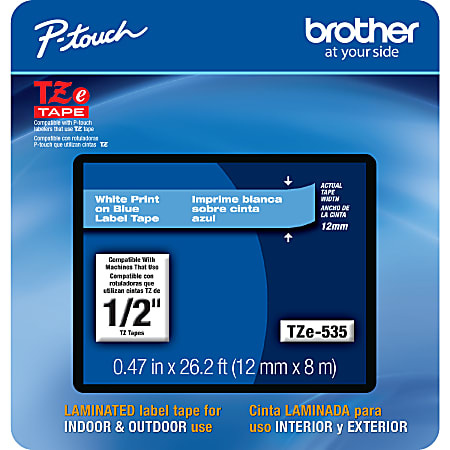 Brother® TZE535CS Genuine P-Touch Laminated Label Tape, 1/2" x 26-1/4', White/Blue