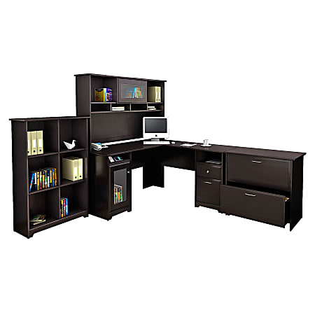 Bush Furniture Cabot L Shaped Desk And Hutch With 6 Cube Bookcase And Lateral File Cabinet, Espresso Oak, Standard Delivery