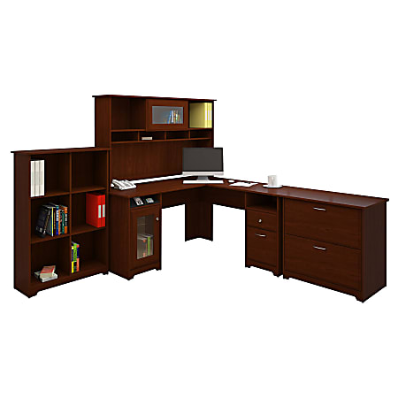 Bush Furniture Cabot L Shaped Desk And Hutch With 6 Cube Bookcase And Lateral File Cabinet, Harvest Cherry, Standard Delivery