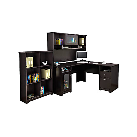 Bush Furniture Cabot L Shaped Desk With Hutch And 6 Cube Bookcase, Espresso Oak, Standard Delivery