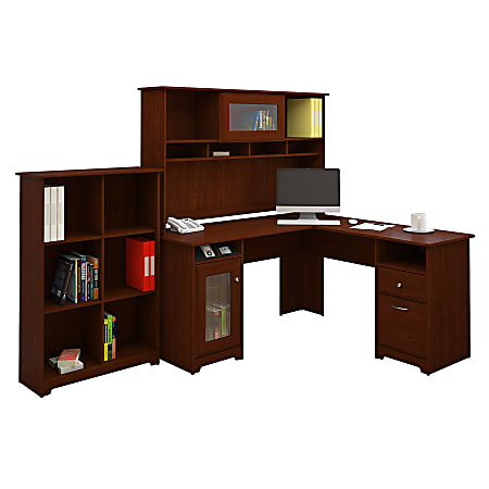 Bush Furniture Cabot L Shaped Desk With Hutch And 6 Cube Bookcase, Harvest Cherry, Standard Delivery