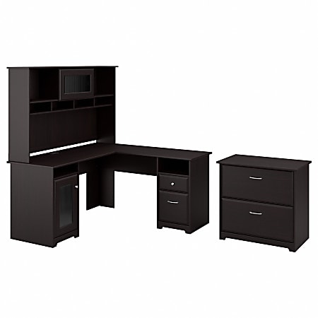 Bush Furniture Cabot L Shaped Desk With Hutch And Lateral File Cabinet, Espresso Oak, Standard Delivery