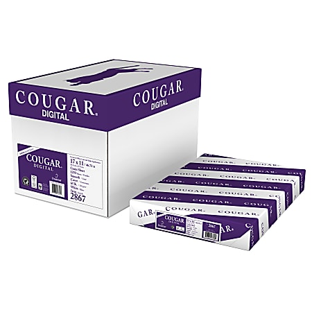 Cougar® Digital Printing Paper, Ledger Size (11" x 17"), 98 (U.S.) Brightness, 65 Lb Cover (176 gsm), FSC® Certified, 250 Sheets Per Ream, Case Of 5 Reams