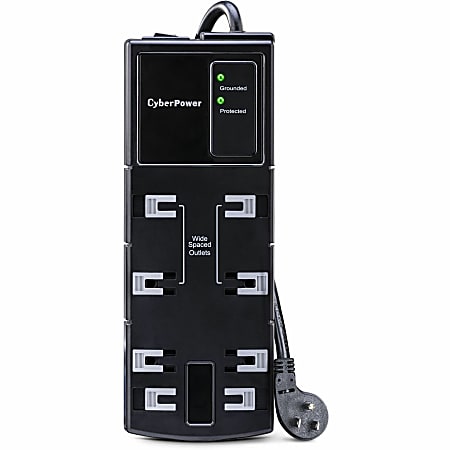 CyberPower CSB806 Essential 8 - Outlet Surge with 1800 J - Clamping Voltage 800V, NEMA 5-15P, Right Angle - 45° Offset, 15 Amp, EMI/RFI Filtration, Black, Lifetime Warranty