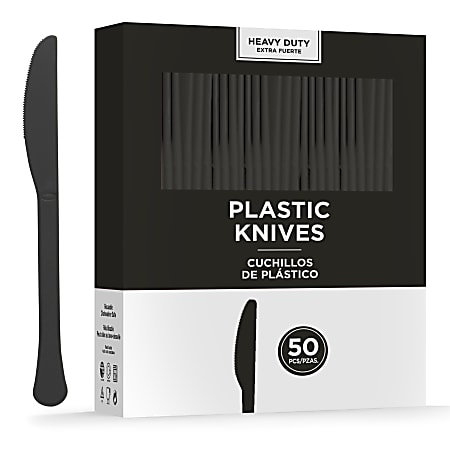 Amscan 8019 Solid Heavyweight Plastic Knives, Jet Black, 50 Knives Per Pack, Case Of 3 Packs