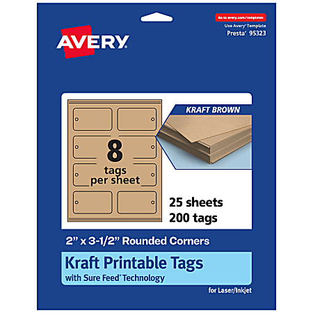 Avery® Printable Tags With Sure Feed® Technology, Print-To-The-Edge, 2"x3.5", Kraft Brown, Pack Of 200