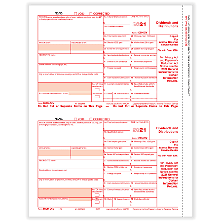 ComplyRight™ 1099-DIV Tax Forms, 2-Up, Federal Copy A, Laser, 8-1/2" x 11", Pack Of 100 Forms