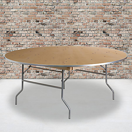 Flash Furniture Round Heavy-Duty Birchwood Folding Banquet Table, 30"H x 72"W x 72"D, Natural/Silver