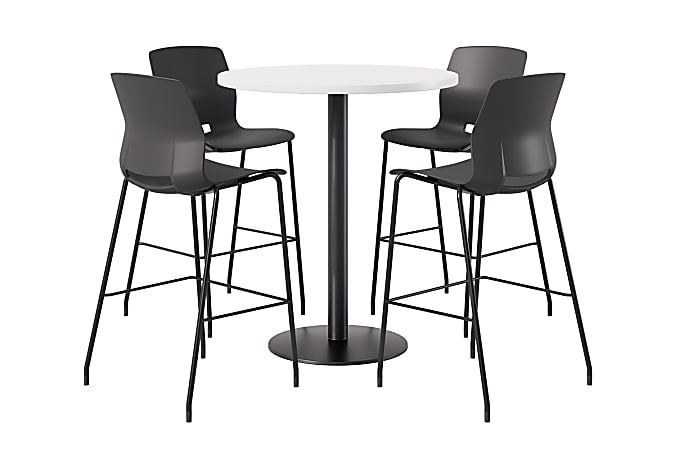 KFI Studios Proof Bistro Round Pedestal Table With Imme Barstools, 4 Barstools, 42", Designer White/Black/Black Stools