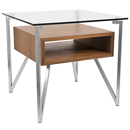Lumisource Hover Contemporary End Table, Square, Brushed Stainless Steel/Walnut/Clear