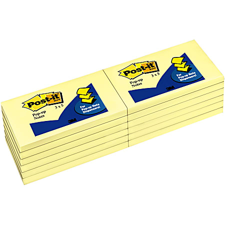 Post-it® Pop-up Dispenser Notes, 100 Total Notes, 3" x 5", Canary Yellow, 100 Notes Per Pad