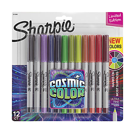 Sharpie® Cosmic Color Permanent Markers, Ultra Fine Point, Gray Barrels, Assorted Ink Colors, Pack Of 12 Markers