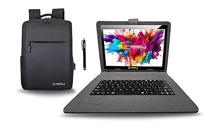 Linsay Octa Core Tablet, 10.1”, 4GB Memory, 128GB Storage, Android 13, With Black Designer Cloth Keyboard Case, Compact Backpack And Pen Stylus