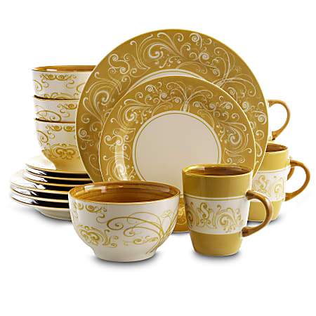 Elama 16-Piece Stoneware Dinnerware Set, Golden Yellow