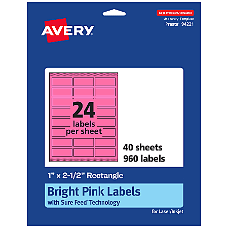 Avery® Printable Labels With Sure Feed® Technology, 94221-BPP40, Rectangle, 1" x 2-1/2", Matte Bright Pink, Pack of 960