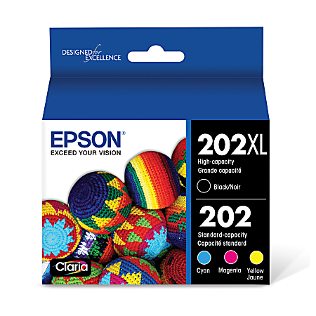 Epson® 202XL Black/202 Claria® Cyan; Magenta; Yellow High-Yield Ink Cartridges, Pack Of 4, T202XL-BCS