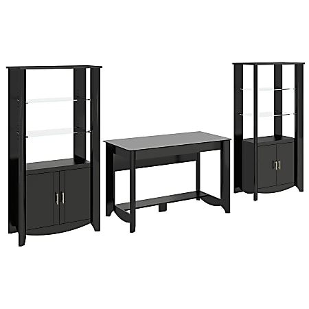 Bush Furniture Aero Writing Desk And Set of 2 Tall Library Storage Cabinets With Doors, Classic Black, Standard Delivery