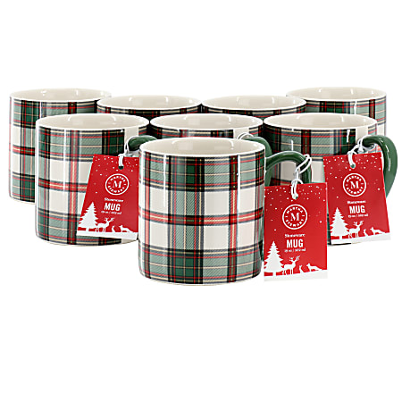 Martha Stewart Holiday Plaid 8-Piece Stoneware Mug Set, 19 Oz, Green