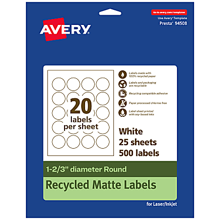 Avery® Recycled Paper Labels, 94508-EWMP25, Round, 1-2/3" diameter, White, Pack Of 500