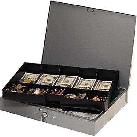 Steelmaster Cash Box with 10-Compartment Tray - 5 Bill - 5 Coin - Steel - Gray - 6.1" Height x 15.3" Width x 11.1" Depth