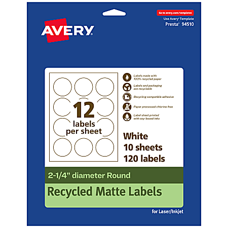 Avery® Recycled Paper Labels, 94510-EWMP10, Round, 2-1/4" diameter, White, Pack Of 120