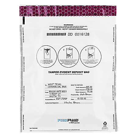 MMF Industries FREEZFraud Tamper-Evident Deposit Bags, 12" x 16", 58% Recycled, White, Box Of 100