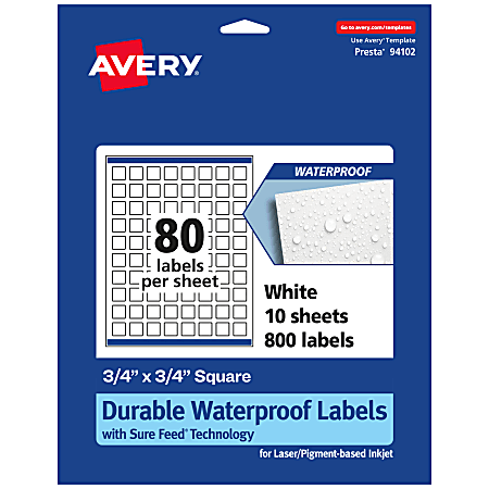 Avery® Waterproof Permanent Labels With Sure Feed®, 94102-WMF10, Square, 3/4" x 3/4", White, Pack Of 800