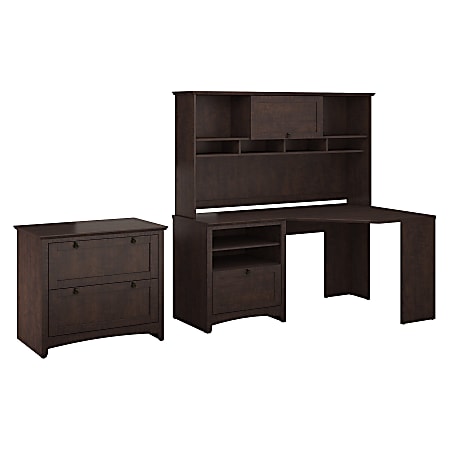 Bush Furniture Buena Vista Corner Desk With Hutch And Lateral File Cabinet, Madison Cherry, Standard Delivery