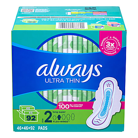 Always Ultra Thin Long Super Pads, Size 2, Box Of 92 Pads